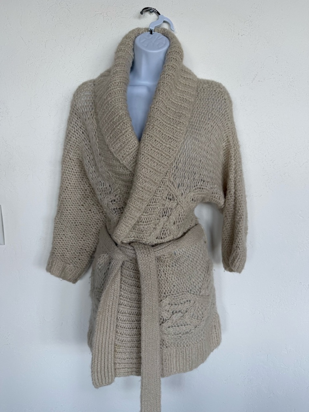 American Eagle Belted Wrap Cardigan Cream